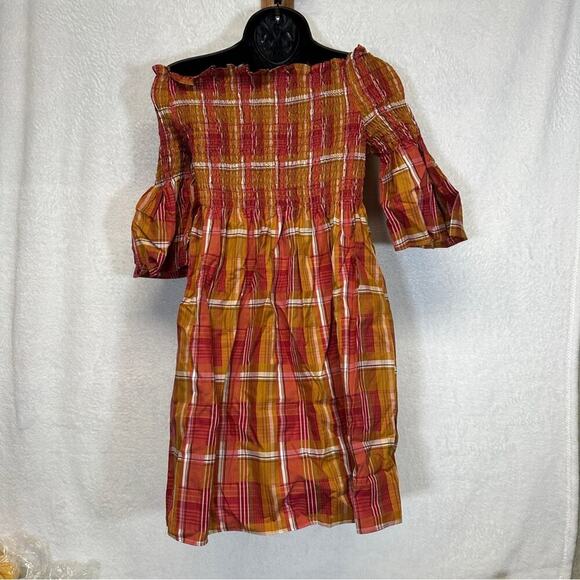 Zara Orange & Red Plaid Off the Shoulder Smoked Dress Size XS - Picture 7 of 11